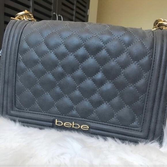BEBE Grey Chain Shoulder Bag Gold Accents - Picture 1 of 8